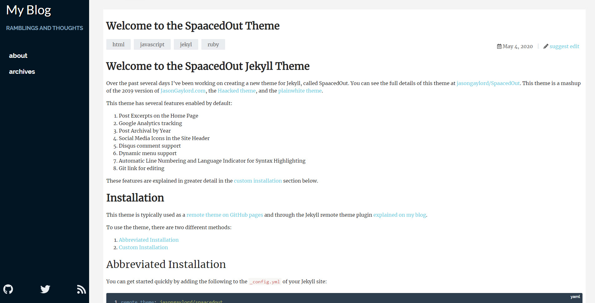 Jekyll SpaacedOut Theme - Desktop View