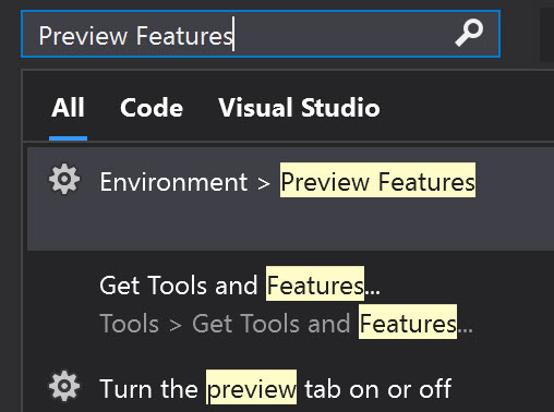 Searching Visual Studio to enable Preview Features