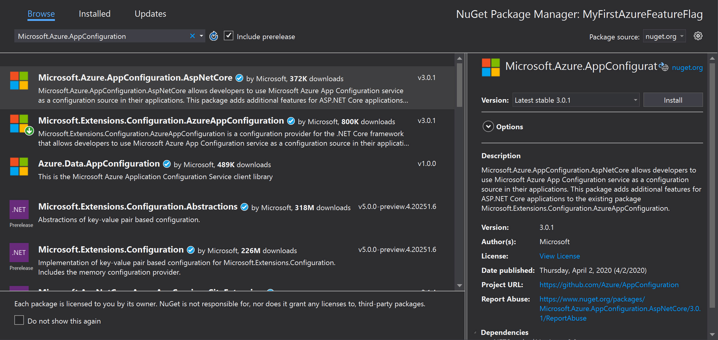 The AzureAppConfiguration configuration provider NuGet Package for ASP.NET Core