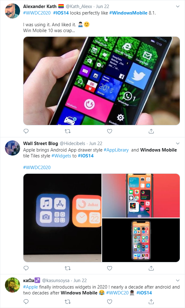 Sample Tweets about Apple iOS 14 and Windows Mobile