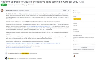 Platform Upgrade for Azure Functions v2 to v3 coming October 2020