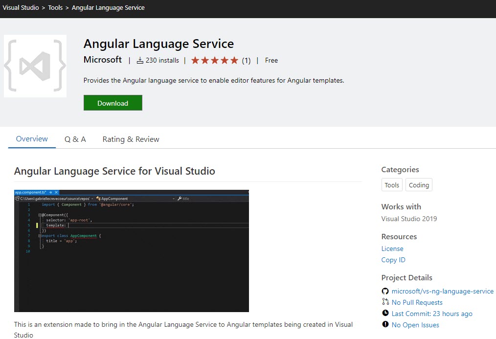 Angular Language Service extension for Visual Studio