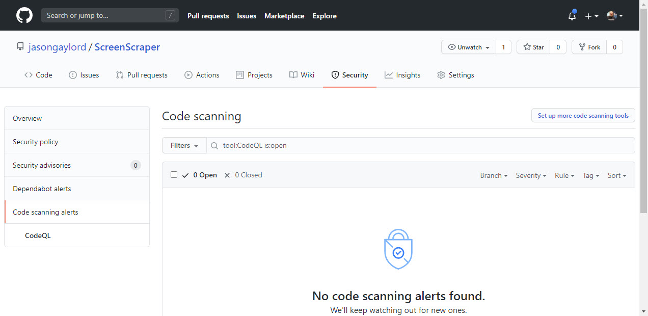 GitHub Code Analysis Scanning Alerts