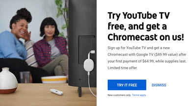 Free Chromecast when you sign up for YouTube TV