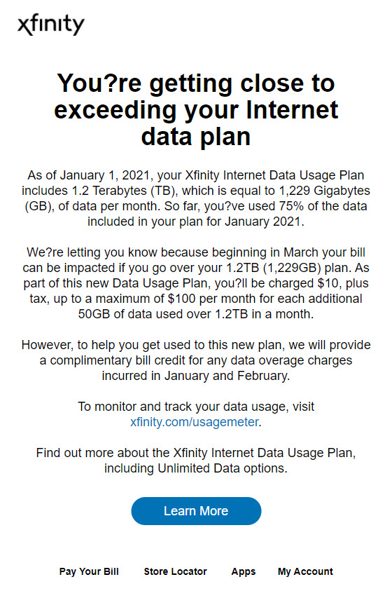 Comcast Xfinity 1.2 TB Internet Data Cap Notice
