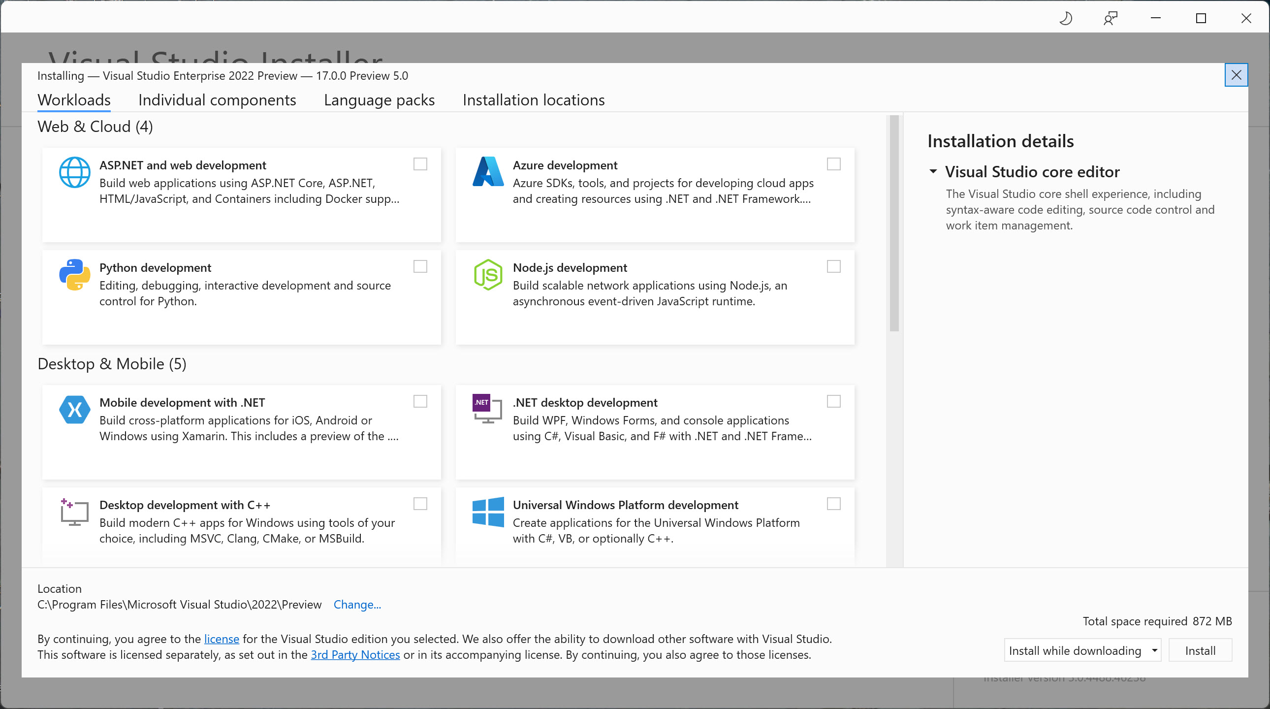 Installation Screen for Visual Studio Enterprise 2022