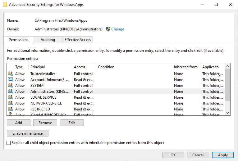 WindowsApps folder permissions